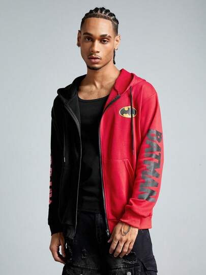 Batman X ROMWE Sudadera con capucha casual para hombres con estampado de dibujos animados y letras, de dos tonos, con cremallera y cordón, sudadera con capucha con cremallera y cordón para primavera y otoño