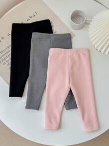 SHEIN LMoss Kids 3 件套女婴可爱百搭针织松紧腰保暖内衬裤套装，秋冬 - 彩色 - 查看 7