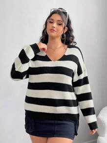 SHEIN EZwear 大码女式黑白条纹 V 领休闲针织毛衣 - 黑與白 - 查看 6