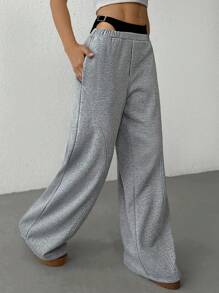 SHEIN EZwear Pantalones anchos casuales y versátiles de 2 en 1 con entrepierna ancha de punto gris para mujer