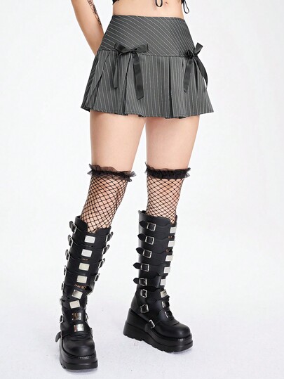 Academia Y2K Sexy Back Plaid Pleated Skirt With Bow Decoration, Women School Style