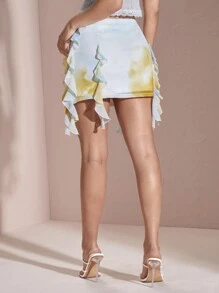 SHEIN BAE 夏季蓝色渐变花卉印花荷叶边装饰女式迷你裙 - 白色 - 查看 2