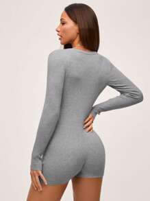 SHEIN BASICS 1pc Women' Solid Color Crew Neck Zip-Up Long Sleeve Jumpsuit - Light Grey - View 2