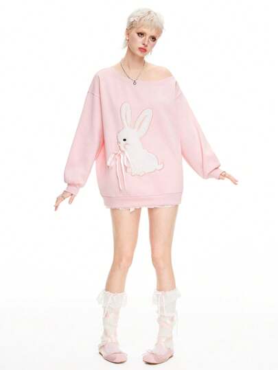Kawaii Women's Spring And Autumn Casual Sweet Asymmetric Collar Rabbit Embroidered Bowknot Decorated Sweatshirt