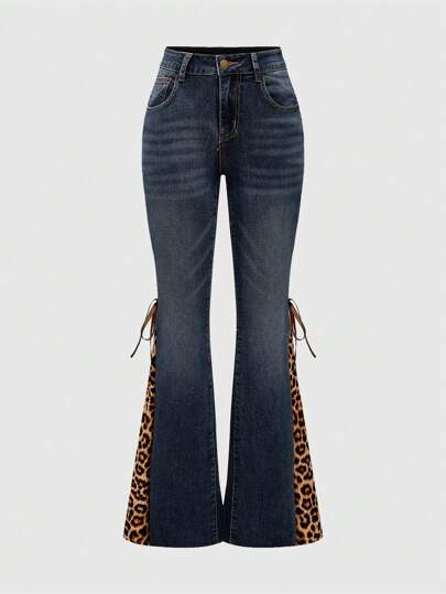 J-Fashion بنطال جينز نسائي بنمط Y2K مزخرف بطبعة جلد الفهد بقصة واسعة