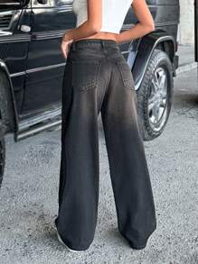 EURMUSE 100% 纯棉宽松低腰阔腿牛仔裤 - 灰色 - 查看 2