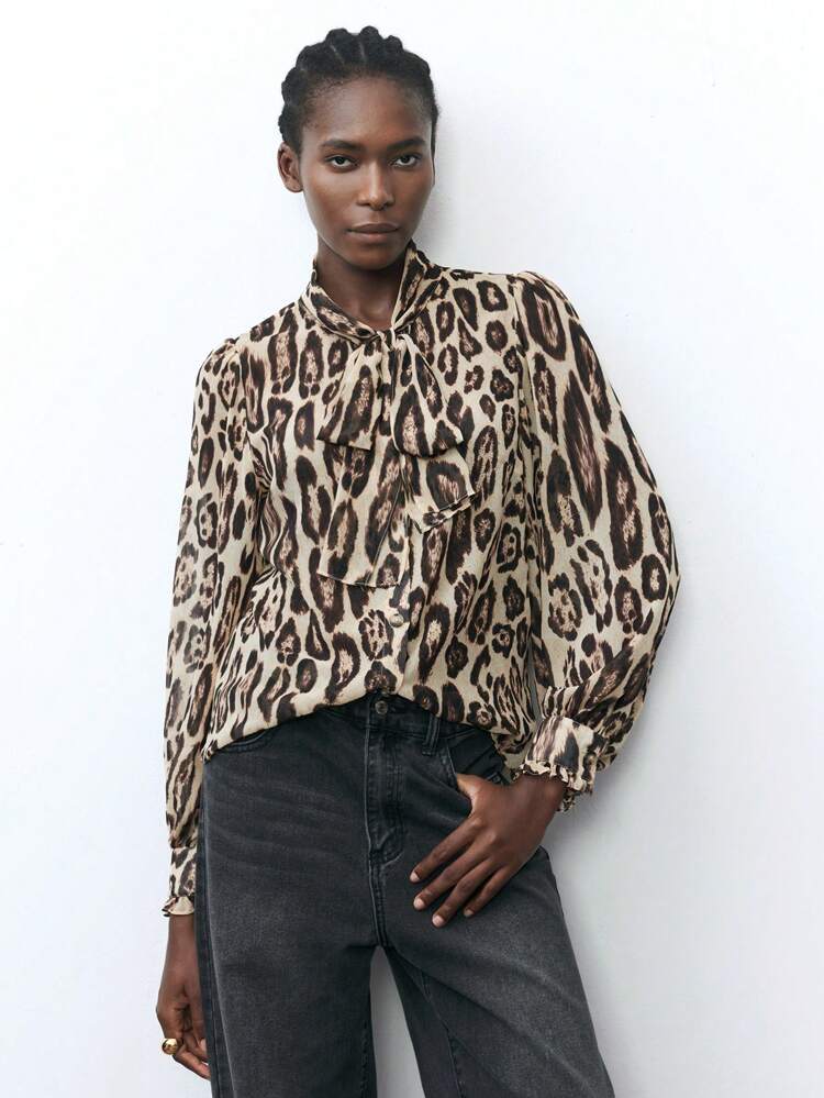 SHEIN Maija Women's Brown Leopard Print Chic Urban All-Season Versatile Animal Print Lace-Up Collar Long Sleeve Blouse, Vacation, Business Casual, Western Style Apparel, Cheetah Print, Ladies Top