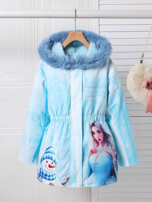 SHEIN Girls Frozen Princess Pattern Hooded Fleece Elastic Waist Jacket