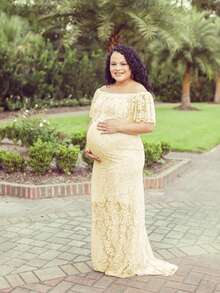 Maternity Off Shoulder Ruffle Collar Dress Lace Mermaid Gown For Photo Shoot Baby Shower, For Photoshoot - Apricot - View 8