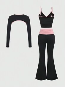 Sweetra Conjunto casual de 3 piezas con top corto de manga larga cuello redondo con ribete a color, camiseta interior y pantalón ancho de pierna plisada