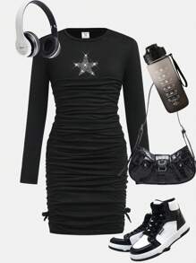 SHEIN Tween-Mädchen Kleid im Lässig-Stil mit schwarzen Pailletten, Sternenverzierung und plissiertem Langarm-Design