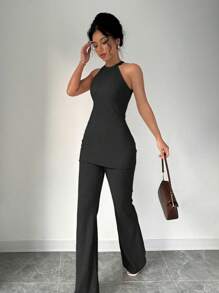 Elenzga Solid Color Sleeveless Women's Top & Pants Set