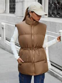 EURMUSE Zip Up Drawstring Waist Vest Puffer Coat - Brown - View 5