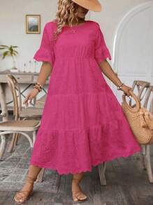 SHEIN Holidaya Vestido casual de talla grande de unicolor con bordado calado - Rosa Fucsia - Ver 4