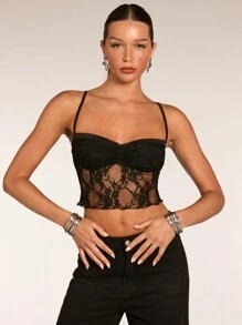 SHEIN BAE White & Black Contrast Ruffle Trim Spaghetti Strap Style Crop Top, Casual Tank Top For Women - Black - View 5