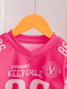 SHEIN Playful Pals Conjunto deportivo informal respirante con estampado de letras y cuello en V para bebés niñas, traje de hockey sobre hielo - Rosa Fucsia - Ver 6