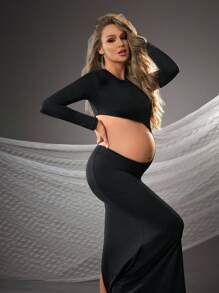 SHEIN Maternity Photoshoot Side Split Fitted Hollow-Out Dress - Black - View 1