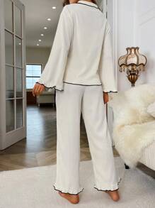 撞色滚边喇叭袖上衣和裤子睡衣套装/家居服套装，秋冬舒适优雅细节 - 杏色 - 查看 2