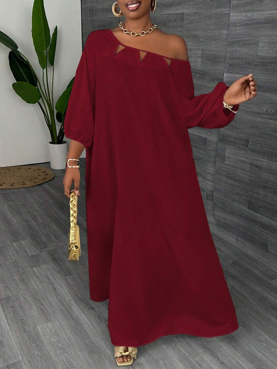 Slaydiva Plus Size Loose Vacation Style Scoop Neck Hollow Out Dress - Burgundy - View 1