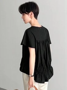 FRIFUL 女士夏季休闲纯色褶皱短袖衬衫，荷叶边 - 黑色 - 查看 1