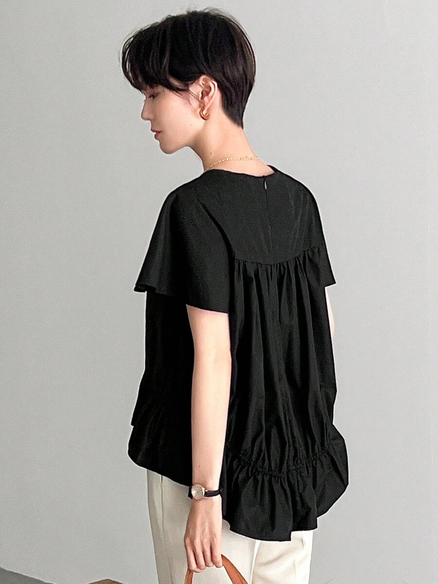 FRIFUL 女士夏季休闲纯色褶皱短袖衬衫，荷叶边 - 黑色 - 查看 1