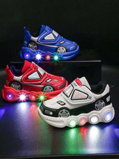 Toddler Boys Illuminated Sports Shoes, Autumn Kids Cartoon Car Design Casual Sneakers, Baby Shoes