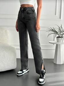 RueChic Split Hem Straight Leg Jeans - Grey - View 3