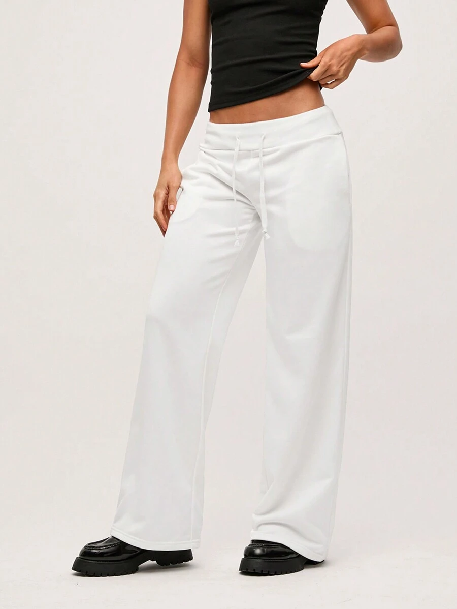 SHEIN BASICS 休闲纯色针织低腰阔腿女式运动裤 - 白色 - 查看 1
