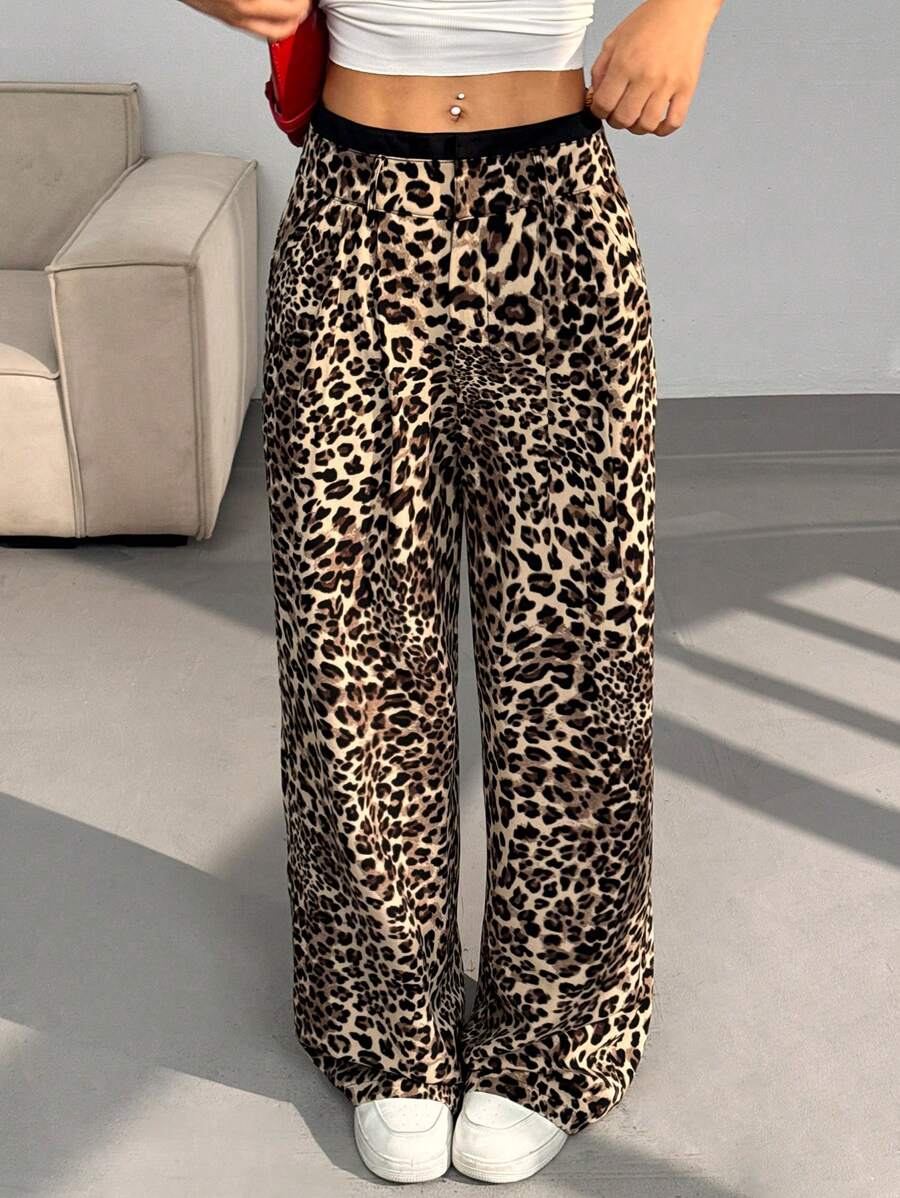 SHEIN EZwear 女式休闲豹纹宽腿拼色高腰西装裤 - 彩色 - 查看 1