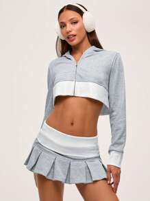 SHEIN BASICS Casual Knitted Color Matching Fitted Cropped Hooded Long-Sleeved Women's Sweatshirt - Light Grey - View 1