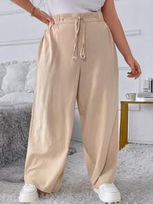 SHEIN CURVE+ Curve Plus Size Linen Pants,Vacation Solid Color Casual Trousers With Elastic Waist And Diagonal Pockets - Apricot - View 5