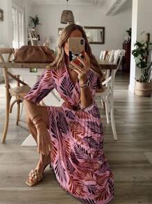 Breezaya 女士 V 领短袖荷叶边褶皱优雅连衣裙 - 粉色 - 查看 3