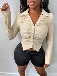 Zolique Damen T-Shirt mit durchgehenden Knöpfen vorne, plissiert, Slim Fit, unifarben