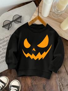 SHEIN Kostium na Halloween, nadruk dyni, młodzi chłopcy Casual Codzienny Wygodny Halloweenowy wzór Dzianinowa bluza z długimi rękawami Nadaje się na lato - Czarne - Zobacz 1