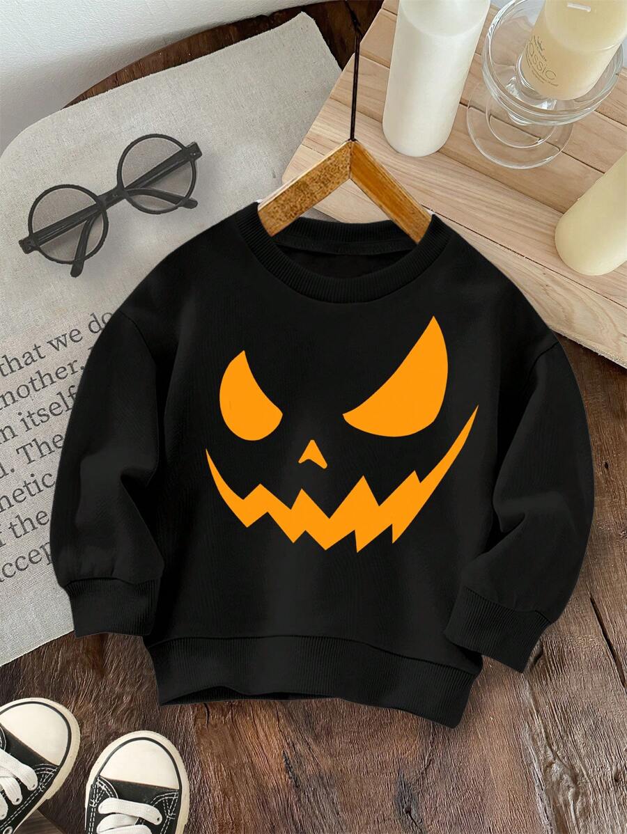 SHEIN Kostium na Halloween, nadruk dyni, młodzi chłopcy Casual Codzienny Wygodny Halloweenowy wzór Dzianinowa bluza z długimi rękawami Nadaje się na lato - Czarne - Zobacz 1
