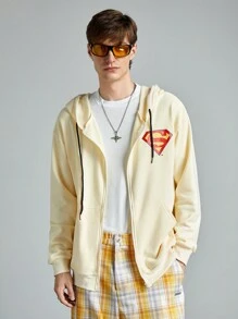 ROMWE MEN SUPERMAN X ROMWE Men's Anime Character & Japanese Text Printed Loose Fit Drawstring Zip-Up Hoodie, Spring Autumn