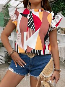 SHEIN LUNE 大码荷叶边印花衬衫，休闲日常穿着 - 彩色 - 查看 5