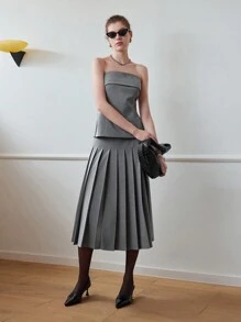 MOTF STUDIO SOLID ELASTIC WAIST PLEATED SKIRT - Grey - View 2
