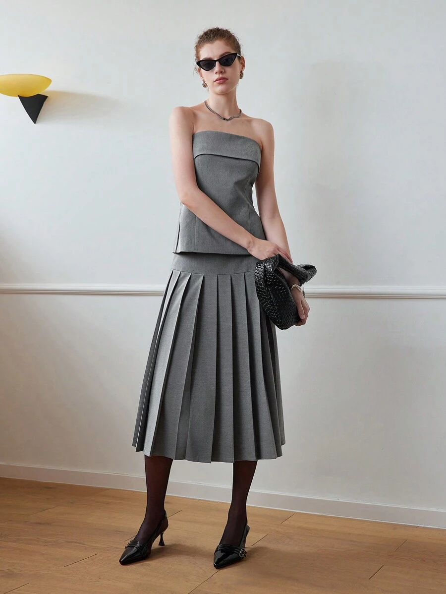 MOTF STUDIO SOLID ELASTIC WAIST PLEATED SKIRT