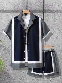 Manfinity LEGND Men's Summer Contrast Color Short Sleeve Shirt And Drawstring Waist Shorts Casual Loose Suit