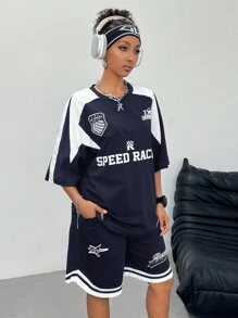 SHEIN Muchic Women's Streetwear Hip Hop Athletic Basketball Shorts T-Shirt - Navy Blue - View 4