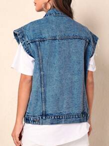 SHEIN Frenchy Front Button Casual Denim Jacket With Pockets - Medium Wash - View 2