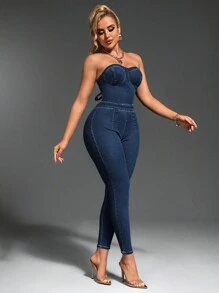 SHEIN SXY 女士纯色简约露背牛仔连身裤 - 深色水洗藍 - 查看 2