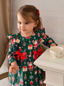 SHEIN Vestido de fiesta para niña con estampado de árbol de Navidad, campana y lazo, ideal para las fiestas. - Verde - Ver 3