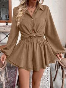 Breezaya 2 piezas Conjunto casual de blusa de manga larga con botones y bolsillos en unicolor, y shorts con cintura tipo paper bag para mujer
