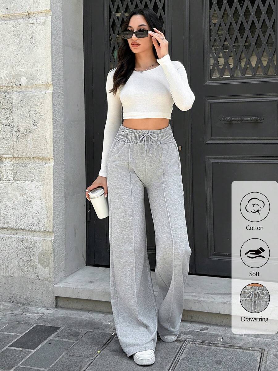 SHEIN Tall Cotton Tall Drawstring Waist Wide Leg Pants - Grey - View 1