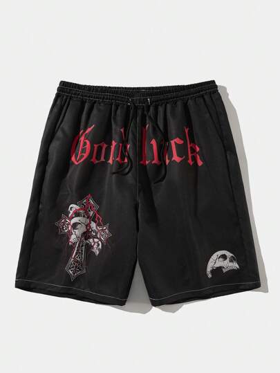 Grunge Punk Men Skull & Letter Graphic Drawstring Waist Shorts, School