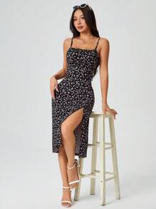 SHEIN PETITE Floral Print Slit Strap Dress, Summer