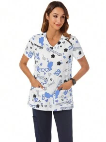 TaskEZ V-Neck Short Sleeve Stylish Printed Nursing Uniform Scrub Top - Blue and White - View 8