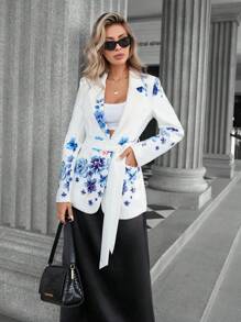 SHEIN Privé French Classic Fashion Random Pastel Print Blazer With Solid Linen Belt Fall Cloth For Women - Multicolor - View 5